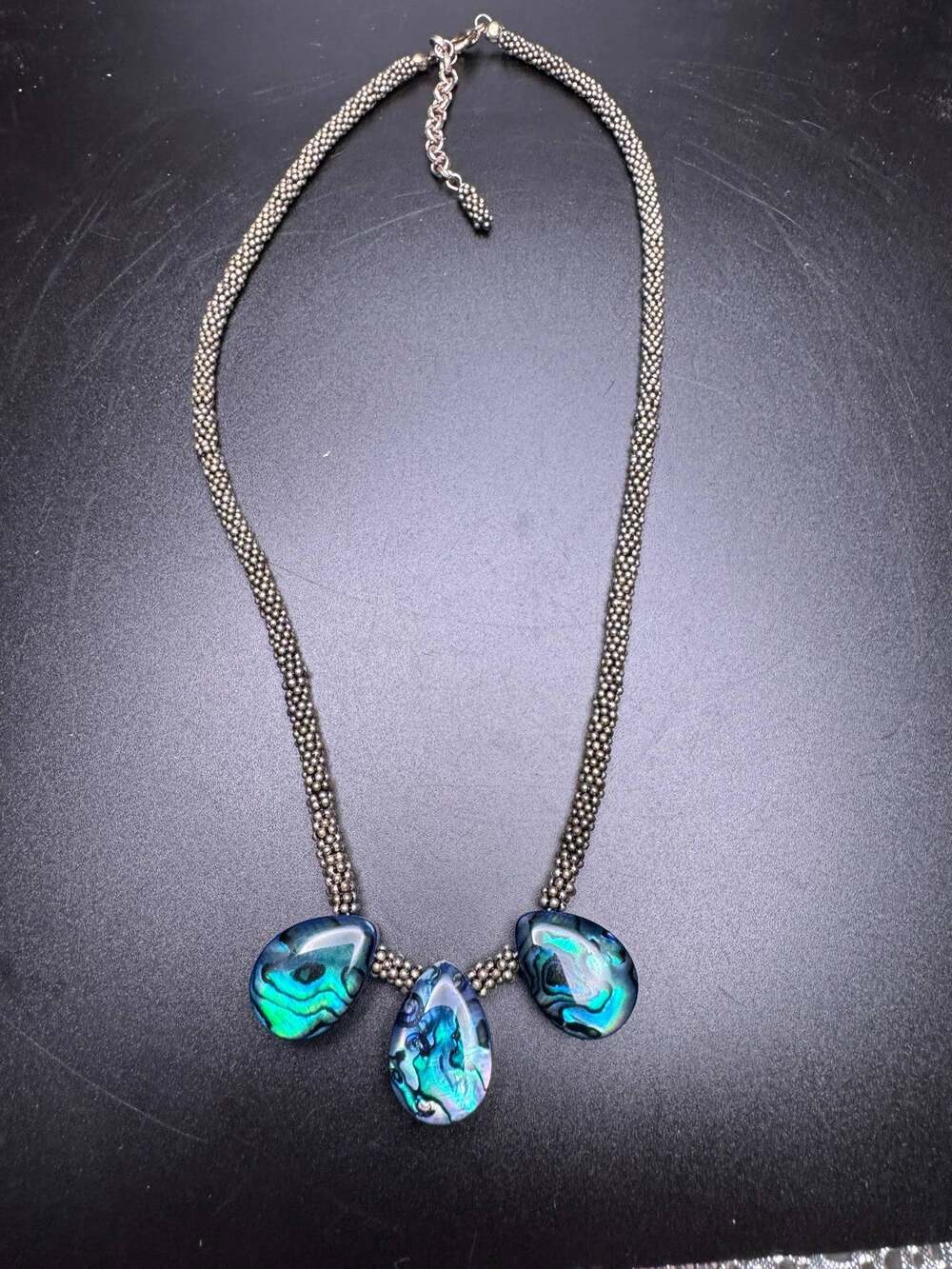 925 Sterling Silver Beaded Chain Necklace with Three Vibrant Abalone Pendants